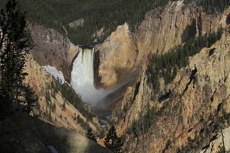 The Lower Falls of the Yellowstone pour into a deep canyon of yellow and orange rock, with a patch of snow on a ledge